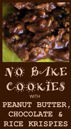 no bake cookies with peanut butter, chocolate and rice krispies on a green plate