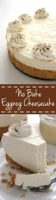 no bake eggnog cheesecake on a white plate with a brown border