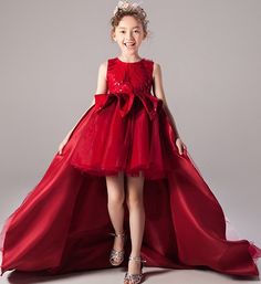 Girly Shop's Red Elegant Floral Embroidery & Sequin Applique Round Neckline Sleeveless Knee Length Infant Toddler Little Girl Tiered High Low Train Gown Pageant Evening Gowns, Toddler Princess Dress, Girls Birthday Party Dress, Cheap Flower Girl Dresses, Baby Party Dress, Tail Dress, Toddler Flower Girl Dresses, Girls Formal Dresses