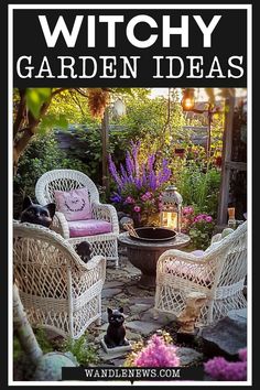 an outdoor garden with wicker chairs and flowers in the background, text reads witch garden ideas