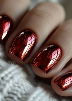 Best Red Gel Nail Polish, Non Red Christmas Nails, Chrome Nails Holiday, Pretty Holiday Nails, Bright Red Chrome Nails, Holiday Nails Inspiration, Red Metallic Nails, Holiday Nails 2024, Red Chrome Nails Designs