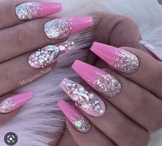 Ongles Bling Bling, Bling Nail Art, Barbie Nails, Nail Design Video, Nails Yellow, Pink Gel Nails, Valentine Nails, Pink Gel, Super Nails