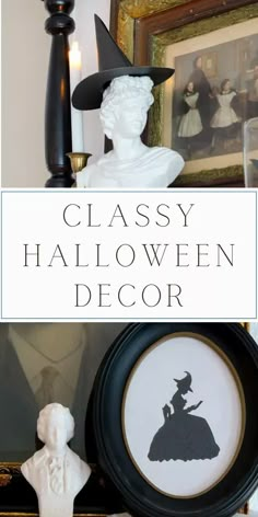 a black and white photo with the words classy halloween decor above it is an image of a busturine