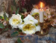 a painting of white flowers and a lit candle