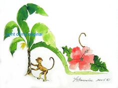 a drawing of a monkey climbing up a palm tree next to a flower and plant