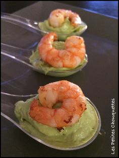 three small bowls filled with guacamole and shrimp on top of each other