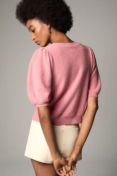 We've spun up a collection of cloud-like cashmere that's dreamy, elevated, and oh-so-soft . | Puff-Sleeve Cashmere Cardigan Sweater by Maeve in Pink, Women's, Size: Medium, 100% Cashmere at Anthropologie Pink Fits, Beige Sweater, Cashmere Cardigan, Long Sleeve Cardigan, White Sweaters, Pink Sweater, Blue Sweaters, Grey Sweater, Cardigans For Women