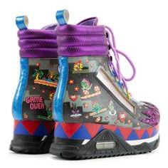 a pair of colorful shoes with purple and blue laces on the bottom, featuring video game characters