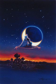 a painting of a person sitting on top of a moon with the sky in the background