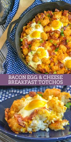 bacon, egg and cheese breakfast totches in a skillet on a blue plate