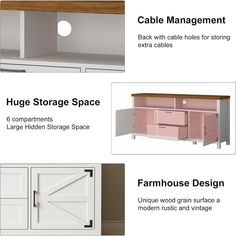 three different types of cabinets with doors and drawers on each side, including storage space