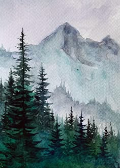 watercolor painting of mountains and trees in the foreground