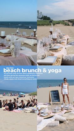 the beach brunch and yoga is set up for people to enjoy their time