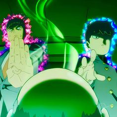 two anime characters are standing in front of a green background and one is holding his hand up