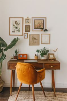 a desk with a chair, potted plants and pictures on the wall