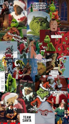 a collage of christmas pictures with santa claus and the grineners on them