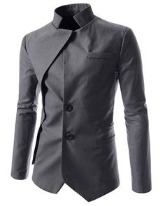 Faux Twinset Irregular Hem Solid Color Stand Collar Long Sleeves Blazer For Men Office Outerwear With Slim Fit And Suit Collar, Modern Slim Fit Suit, Elegant Fitted Suits With Stand Collar, Modern Stand Collar Blazer For Workwear, Fitted Stand Collar Business Outerwear, Modern Blazer With Stand Collar For Workwear, Fitted Business Outerwear With Stand Collar, Semi-formal Single Breasted Blazer With Stand Collar, Fitted Outerwear With Stand Collar For Business