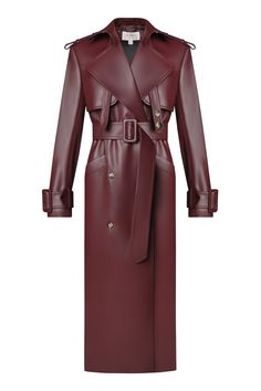 Eco leather fitted trench coat. Double breasted. Stitched. Functional pockets. Comes with a belt. Belted sleeves and shoulders. Slitted back. Decoration neck belt. Lined. Color: burgundy. Shell: 100% Polyester with PU coating Lining: 100% Polyester Made in Georgia Luxury Leather Outerwear With Belted Cuffs, Luxury Leather Jacket With Spread Collar In Classic Style, Luxury Spring Leather Jacket With Stand Collar, Luxury Leather Jacket With Concealed Placket For Fall, Luxury Leather Jacket With Concealed Placket, Luxury Outerwear With Welt Pockets For Work, Luxury Business Leather Jacket With Belted Detail, Luxury Leather Outerwear With Double Button Closure, Luxury Classic Leather Jacket With Spread Collar