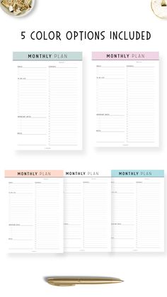 the 5 color options included in this printable planner