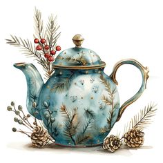 a blue teapot with pine cones and berries on the rim is painted in watercolor