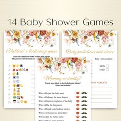 four baby shower games with flowers on them