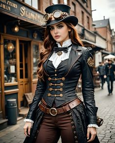 Exude the essence of Victorian sophistication with this stunning steampunk ensemble by Moodacouture. The outfit features a fitted corset, brass-accented buttons, and a dramatic high-low coat. Complemented by a top hat adorned with intricate timepieces and bold accessories, this look perfectly blends historical elegance with futuristic innovation.   #SteampunkFashion #VictorianElegance #FuturisticFlair #Moodacouture #DesignerWear #FashionInspiration #ElegantAttire #BoldFashion #SteampunkStyle #Designer #HollywoodMovies #Couture #Model High Low Coat, Steampunk Woman, Steampunk Couture, Steampunk Pirate, Steampunk Women, Elegant Attire, Bold Accessories