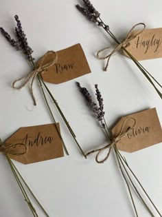 lavender flowers tied with twine and labeled with name tags