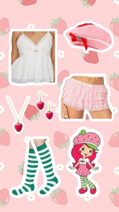 various items are arranged on a pink background with strawberrys and other things to wear