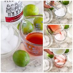 four pictures show how to make an alcoholic cocktail with limes and ice cubes