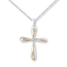 A cluster of diamonds sparkles at the center of a cross fashioned in sterling silver accented by ribbons of 10K yellow gold in this religious necklace for her. The pendant suspends from an 18-inch box chain secured with a lobster clasp. White Gold Cross Charms For Anniversary, Fine Jewelry Cross Necklace For Anniversary, Fine Jewelry Cross Necklace With Diamond Accents For Anniversary, Anniversary Diamond Pendant Cross Necklace, Diamond Cross Necklace, Sterling Silver Cross Necklace, Diamond Cross Necklaces, Jewellery Sketches, Necklace For Her