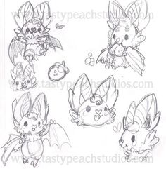 some drawings of bats and other animals in various poses, including one with eyes closed