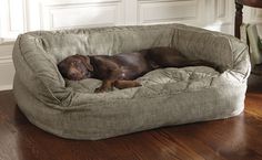 a dog is laying down in his bed on the floor