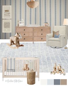 a baby's nursery room with blue and white striped wallpaper, rocking horse, crib, dresser, chair, lamp, and rug