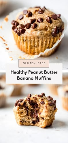 healthy peanut butter banana muffins with chocolate chips on top and the title reads gluten free