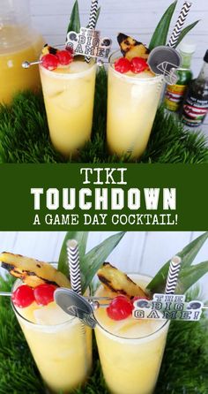 cocktails with pineapple garnish in them and text that reads tiki touchdown a game day cocktail