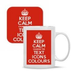 two mugs with the words keep calm and change the text icons in red on them