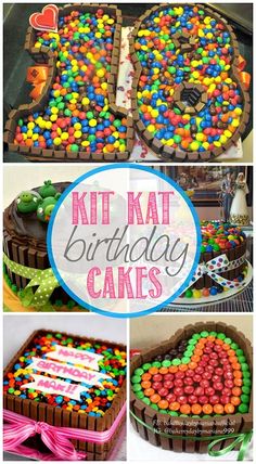 a collage of cakes with different colored candies on them and the words kitkat birthday cakes