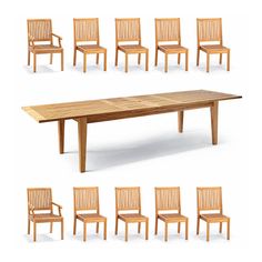 a set of six chairs and a table with one bench in the middle, all made out of wood