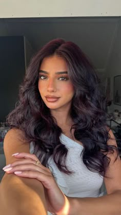 Dark Features Hair Color, Hair Inspo On Brown Skin, Dark With Dimension Hair, Black Cherry Brown Hair, Black Cherry Brunette, Black Hair On Olive Skin, Lightened Black Hair, Dark Cola Hair Color, Black Red Purple Hair