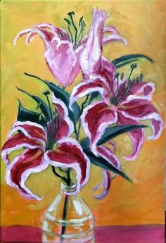 a painting of pink flowers in a vase on a yellow and red tableclothed background