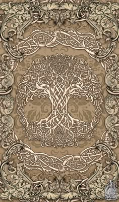 an intricately designed tree of life design in brown and beige colors with swirls