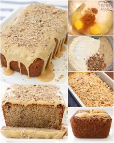 the steps to making a cake with icing and nuts on top are shown in pictures