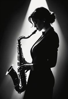 a woman holding a saxophone in front of a light that is shining down on her