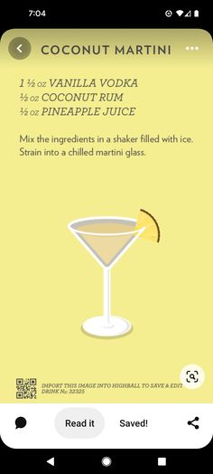 an iphone screen showing the recipe for coconut martini, which is also available on the app