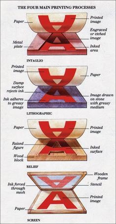 the four main printing process is shown in red and blue, with different colors on each side