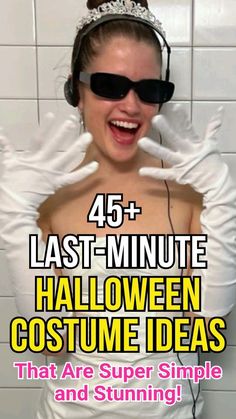 a woman wearing headphones and holding her hands up in the air with text that reads, 45 last - minute halloween costume ideas that are super simple and stunning