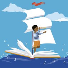 an illustration of a boy holding a book and pointing to a ship on the ocean