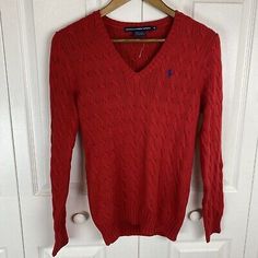 Trendy Fashion Ralph Lauren Sport M Cable Knit Sweater Pullover Red Fisherman V-Neck Cotton, Women's Sweaters Red Knitted Sweater Outfit, Ralph Lauren Sweater Outfit, Christmas Dinner Outfit, Thrift Wishlist, Red Cable Knit Sweater, Dinner Outfit, Ralph Lauren Sport, Womens Sweater, Inspo Board