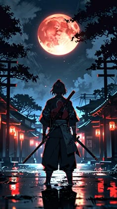 a man standing in front of a full moon with two swords and an umbrella over his head