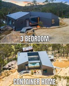 two pictures with the words 3 bedroom and container home in front of them on top of a hill